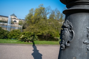 A panoramic view of a public park featuring lampposts designed by Lamppost Technologies LLC.
