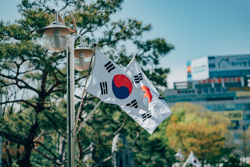 Two South Korean flags waving on a metal pole near pine trees