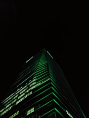 Night view of a completed sustainable building illuminated beautifully.