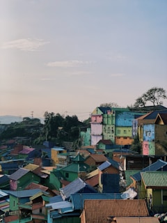 brown and white houses near green trees under white sky during daytime