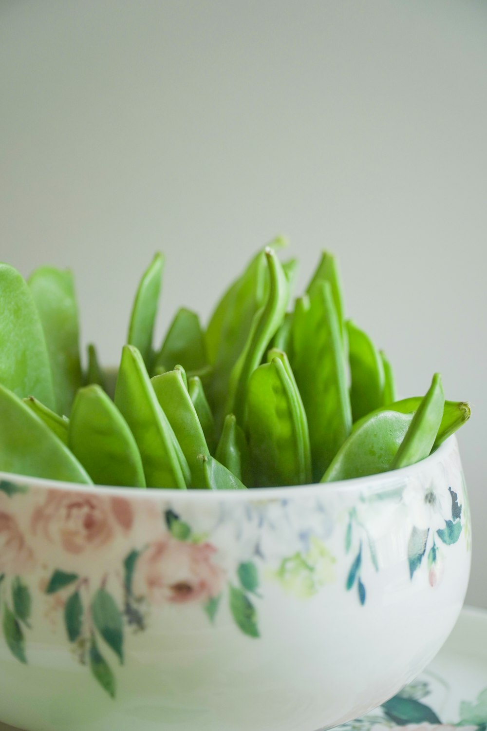 green beans on white and blue floral ceramic bowl