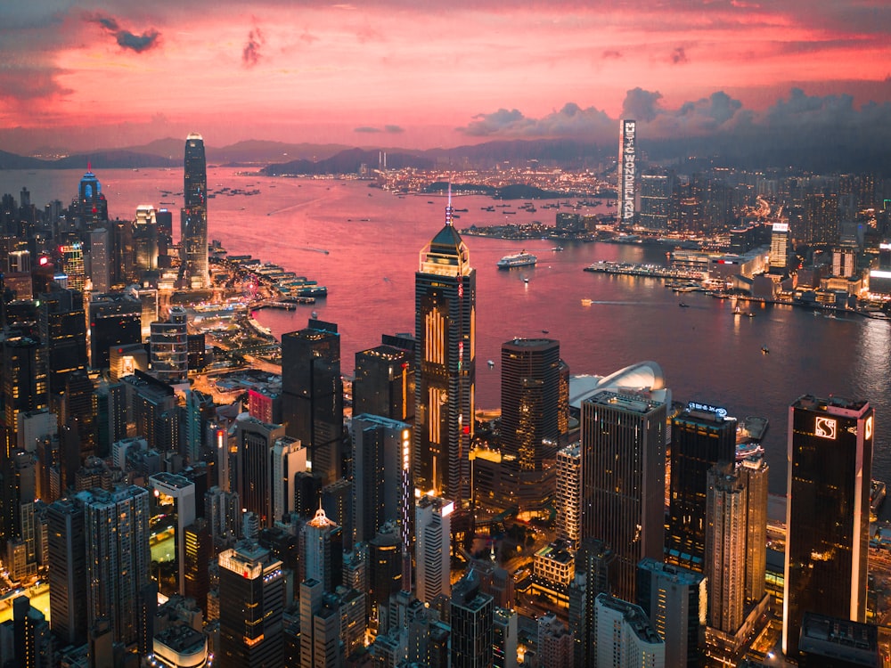 aerial view of city buildings during night time