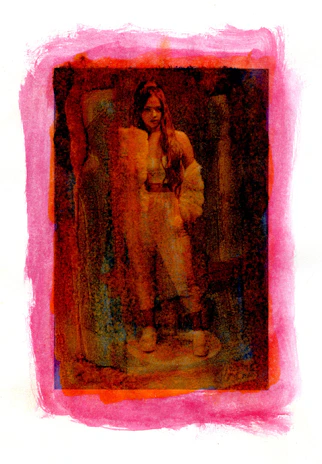 Before and after image showing a photo transformed into a personalized AI art portrait with a warm, elegant style.