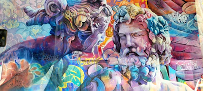 Vibrant street art mural blending modern and classical themes.