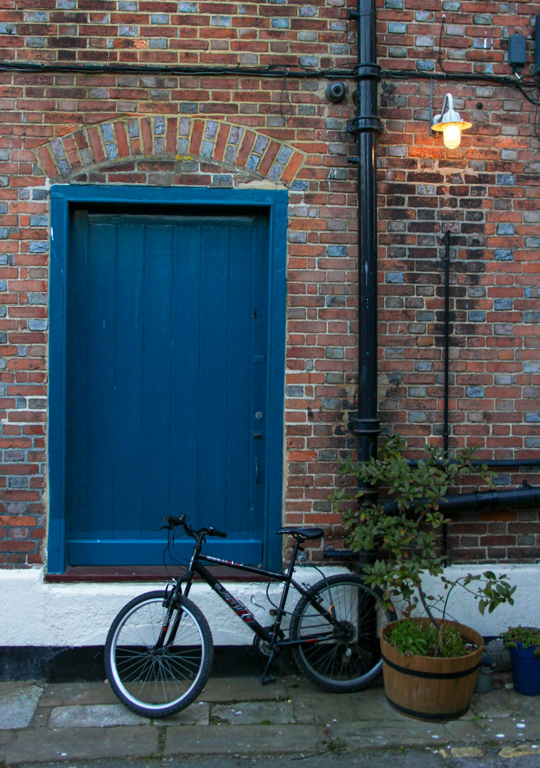 black bicycle parked beside blue wooden door