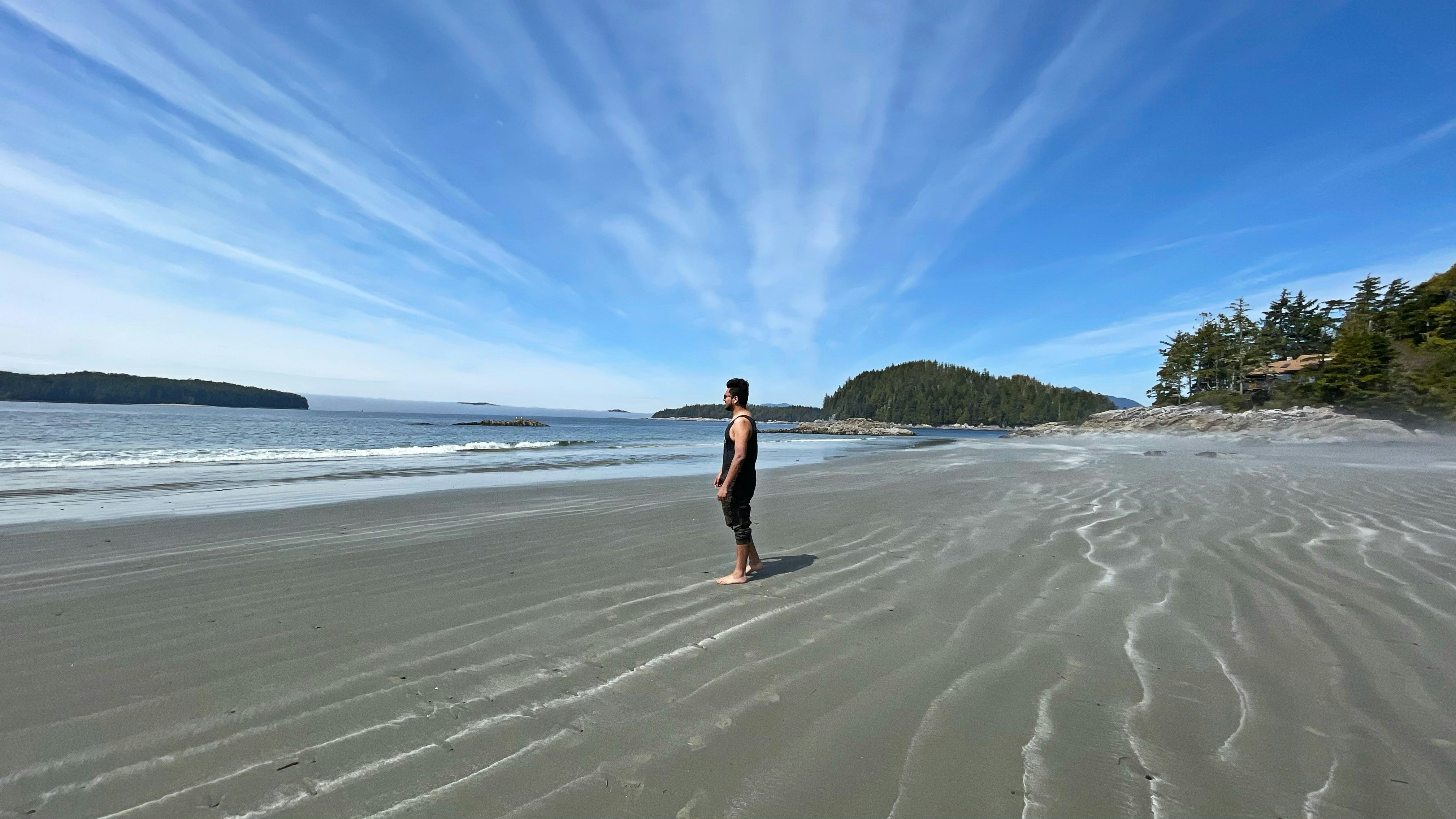Man standing on a sandy beach with ocean and trees.