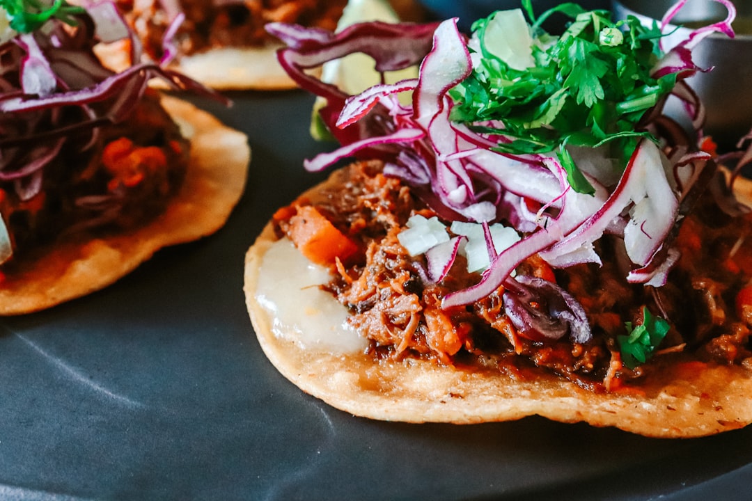 pizza with red and green vegetables, Shredded beef tacos