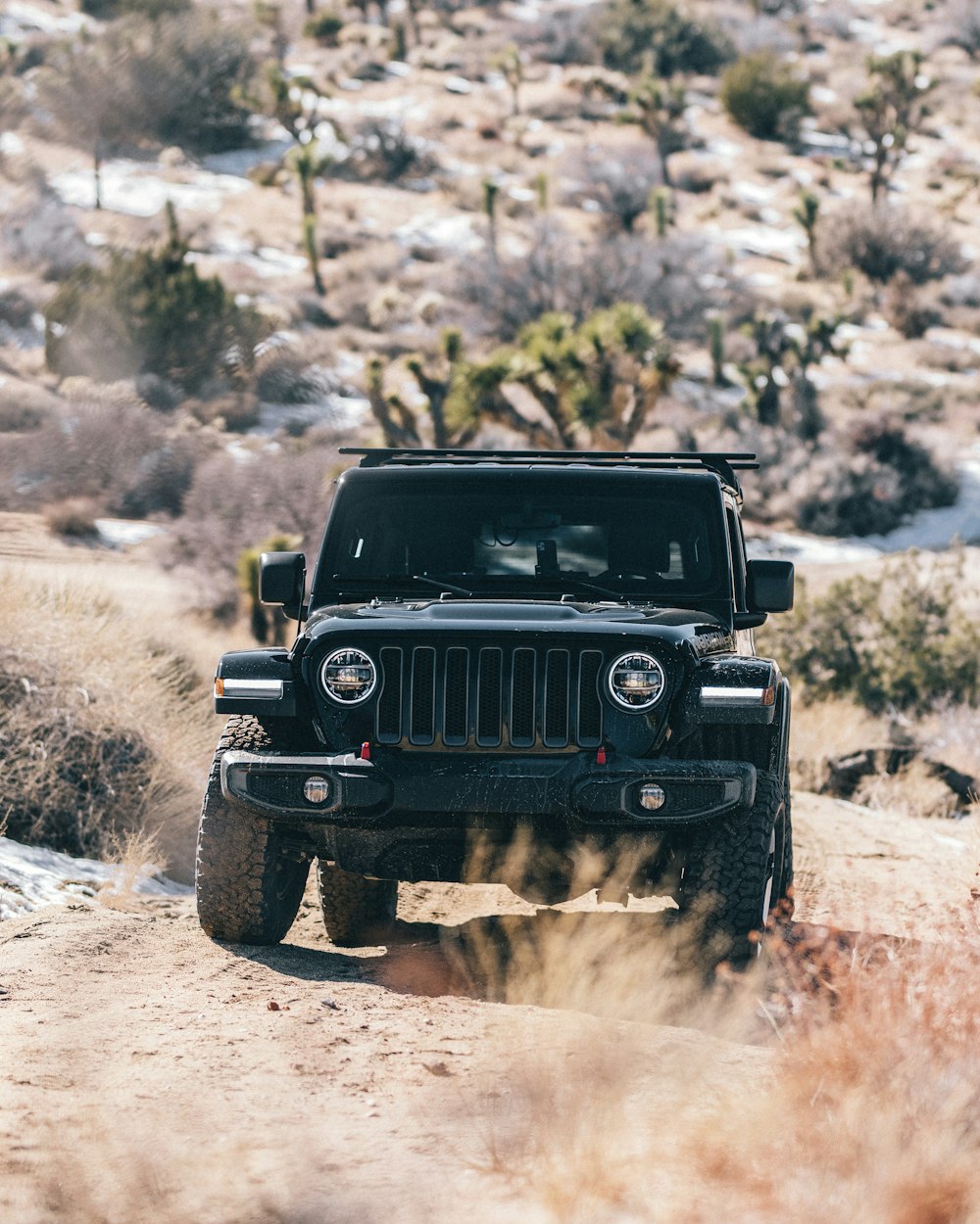 Jeep Wrangler negro en camino de tierra durante el día