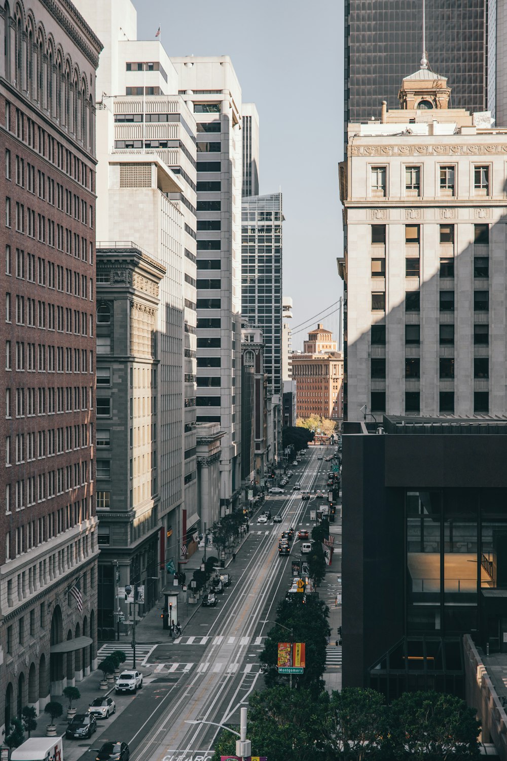 cars on road between high rise buildings during daytime