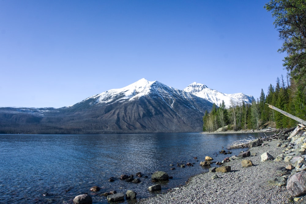 lake near snow covered mountain under blue sky during daytime