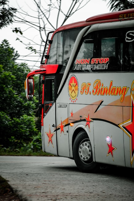 A decorated bus with vibrant red and orange star designs is traveling on a road surrounded by greenery. The bus has branding with text indicating non-stop air suspension. It is mainly white with red accents and features large windows.