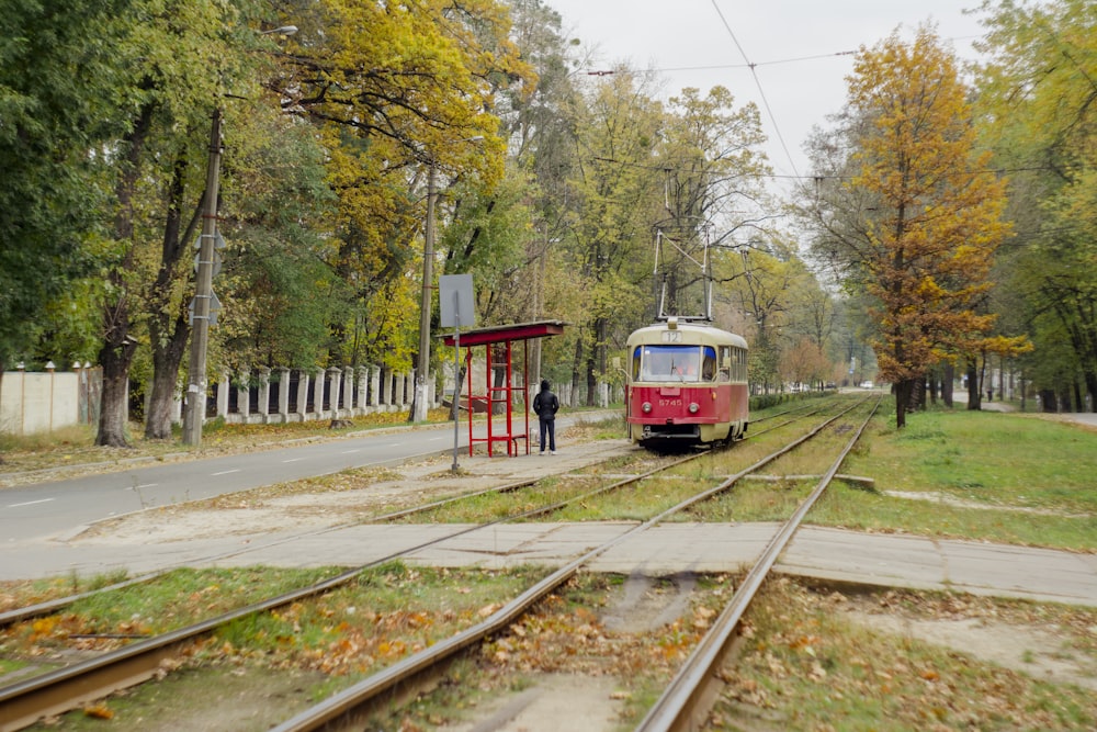 red and white train on rail tracks