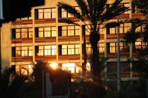 A modern multi-story building with large windows reflecting the warm, orange glow of the setting sun. The facade features geometric patterns with horizontal lines, and the foreground includes silhouetted palm trees adding a tropical ambiance.