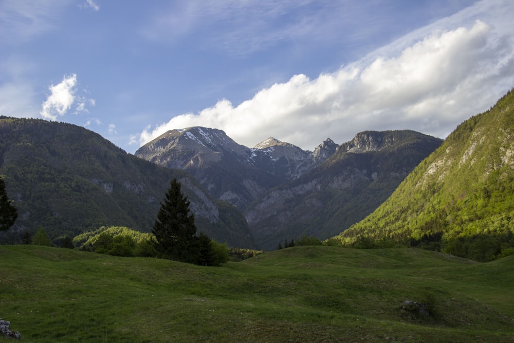 green grass field near green mountains under white clouds and blue sky during daytime