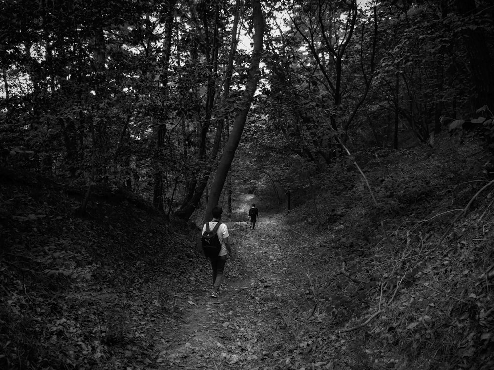grayscale photo of 2 people walking on forest