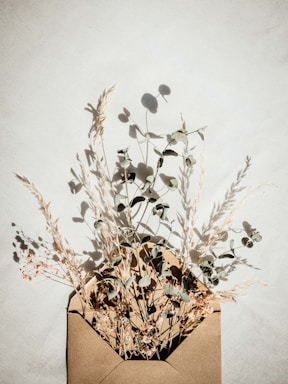 A soft linen-textured envelope resting on a smooth stone surface with warm natural light.