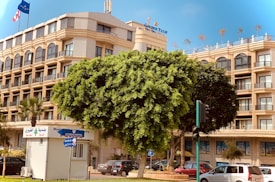 A multi-story hotel with a beige facade and multiple balconies is situated behind a large, lush tree. The building features signage for Golden Tulip, with flags above. A small white kiosk is visible in front with signs in Arabic and English. Several cars are parked along the street, and there is a traffic light nearby.