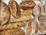 A selection of various artisanal breads placed on a surface. The loaves include different shapes and textures, such as baguettes and round boules, featuring rustic crusts and visible ingredients like olives.