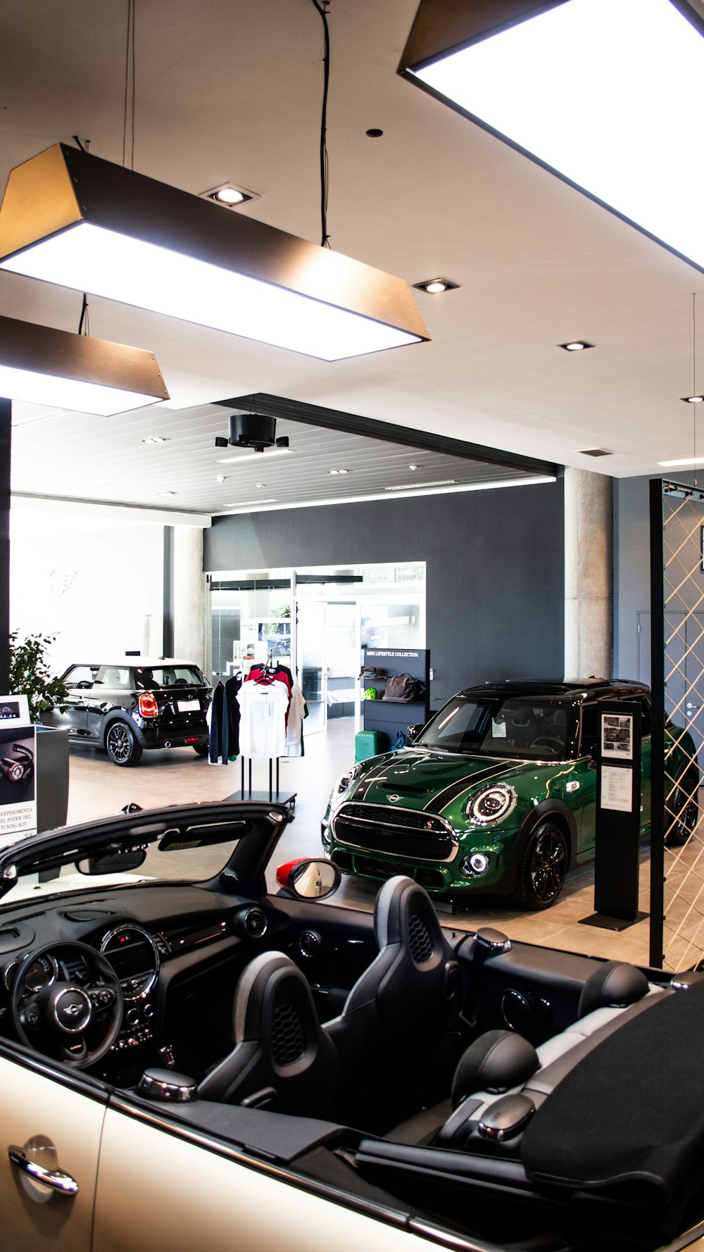 green and black car in a garage