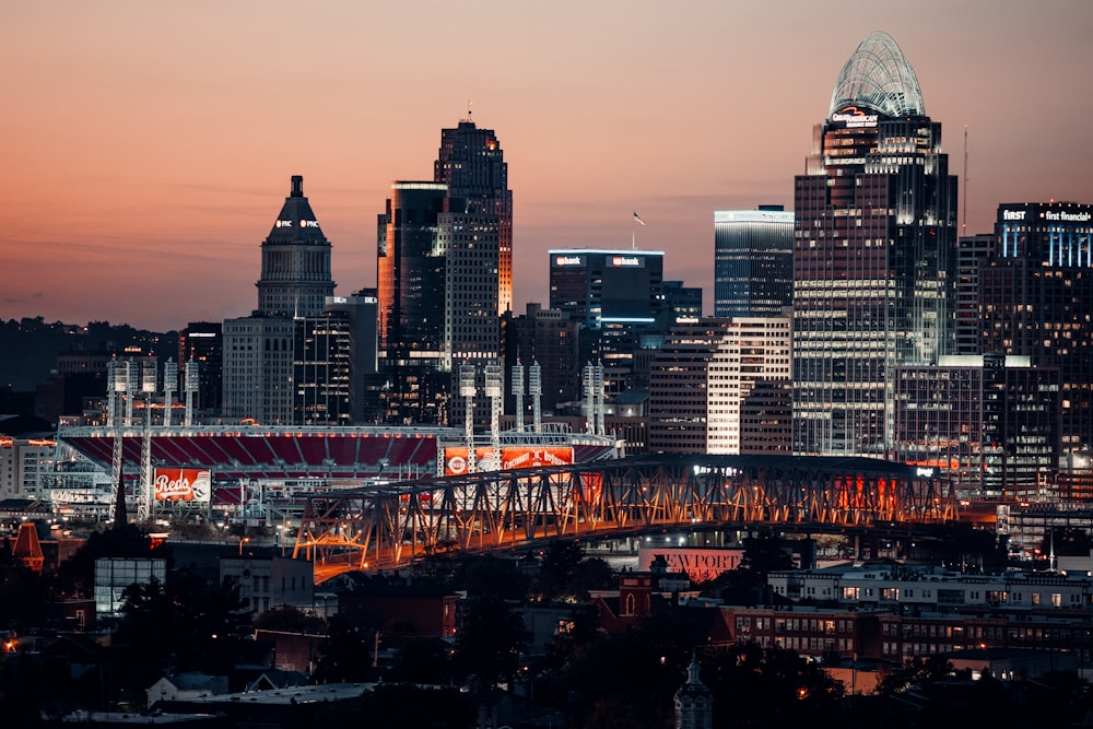 city skyline during night time