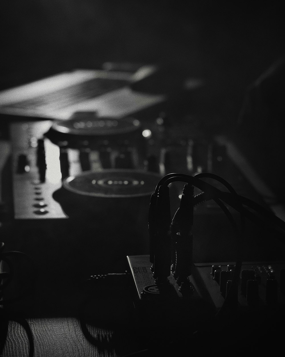 grayscale photo of a audio mixer