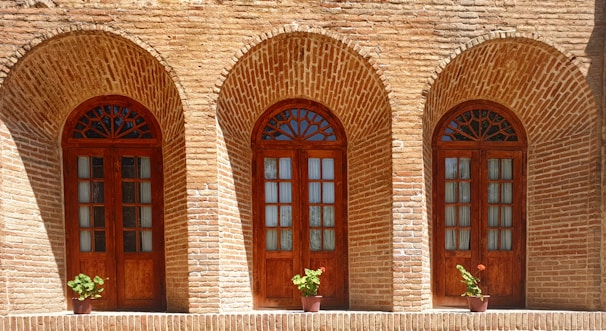 Three wooden doors with glass panels are set into an ornate brick wall, each framed by an archway. The wall's texture is accentuated by a warm sunlight. Beneath each door, small potted plants with green leaves and colorful flowers add a touch of nature.