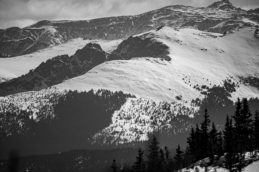 Foto en escala de grises de una montaña cubierta de nieve