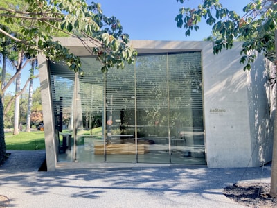 A modern architectural structure with large glass windows surrounded by lush greenery. The building has a minimalist concrete facade with the word 'Auditorio' displayed on one side. Sunlight filters through the branches of nearby trees casting intricate shadows on the structure.