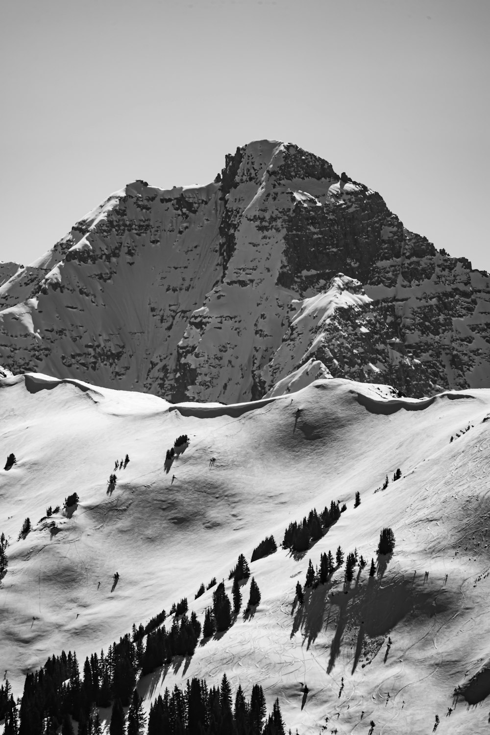 雪に覆われた山をハイキングする人々のグレースケール写真