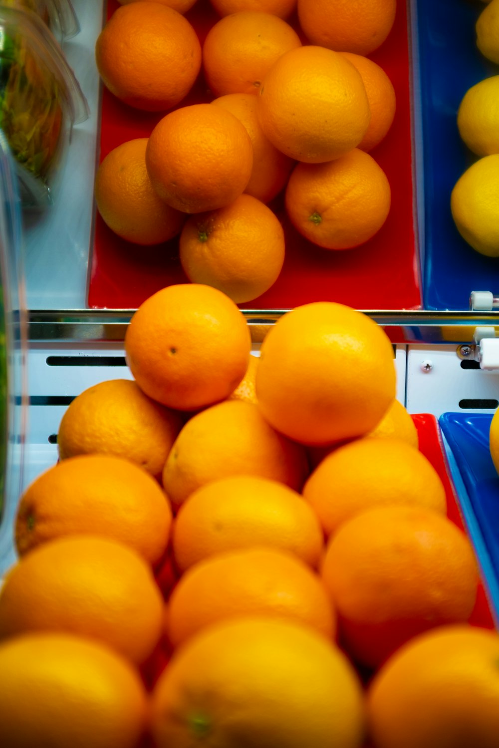 orange fruits on blue plastic container