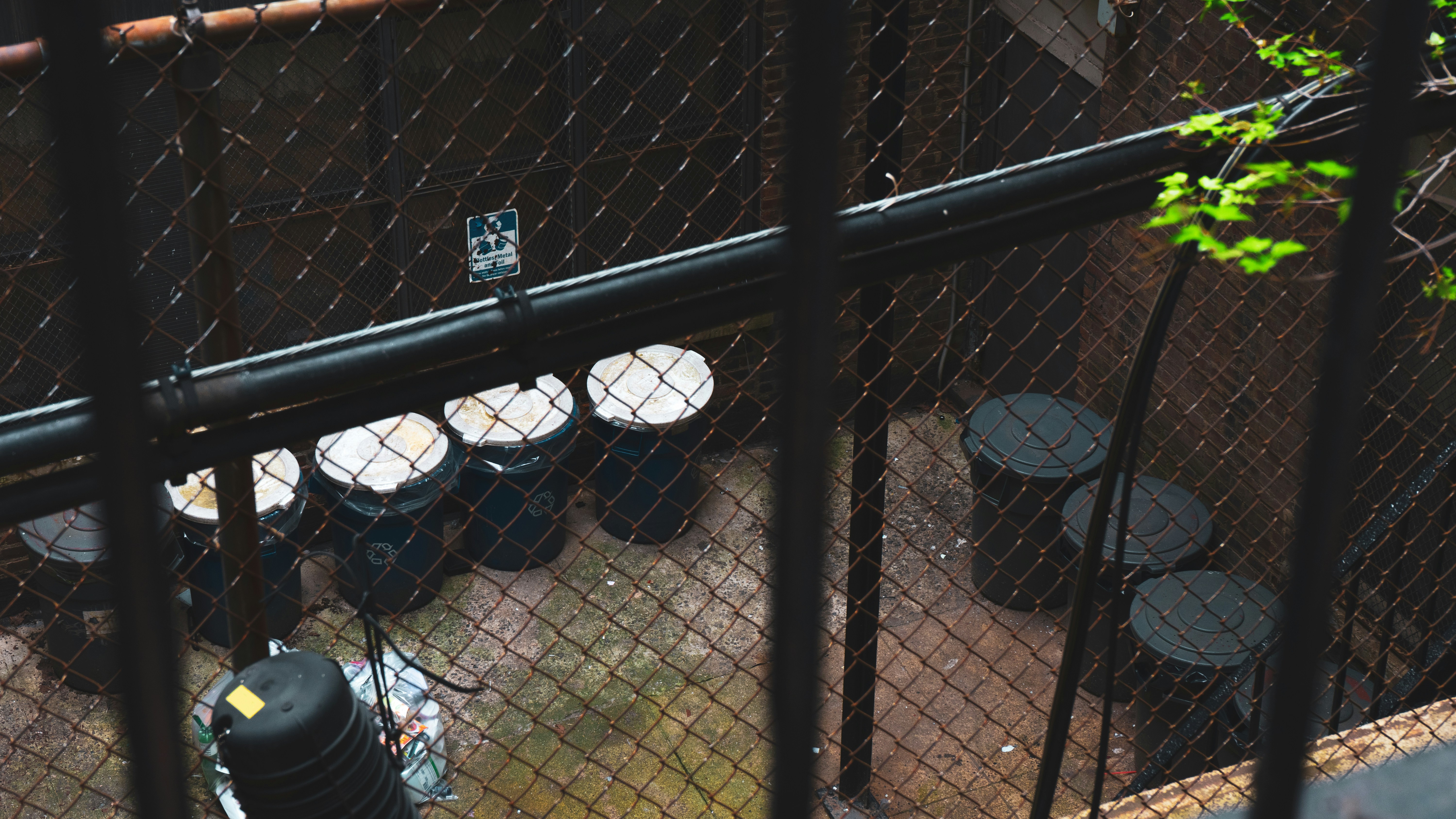 black metal cage with white plastic bucket