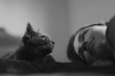 grayscale photo of cat on womans chest