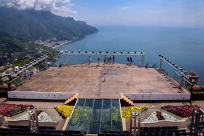 A panoramic view of a completed stage design blending natural and abstract forms in harmony.