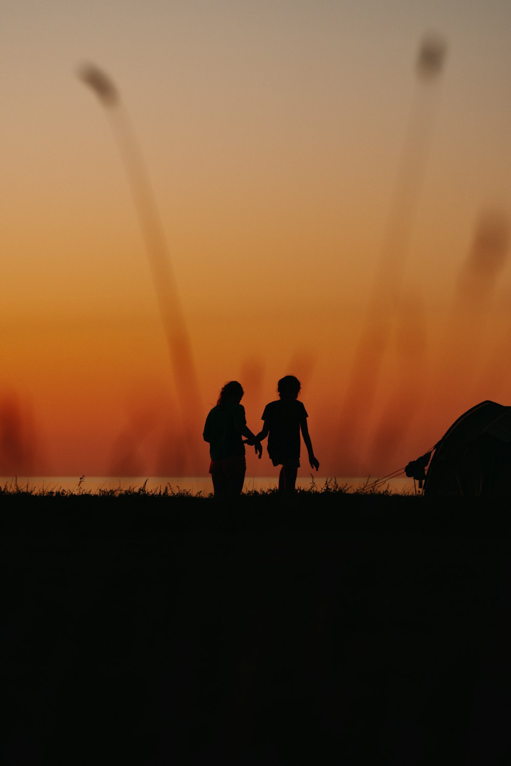 silhouette of 2 person standing on grass field during sunset