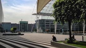 A modern architectural setting featuring a wide open plaza with black and white striped paving. Several large trees provide greenery amidst the urban landscape. Buildings with glass facades surround the area, and a distinctive canopy structure covers part of the space. People are casually sitting and standing, enjoying the outdoor environment.