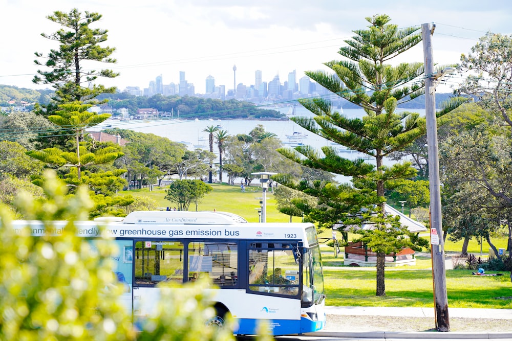 blue and white bus on road during daytime