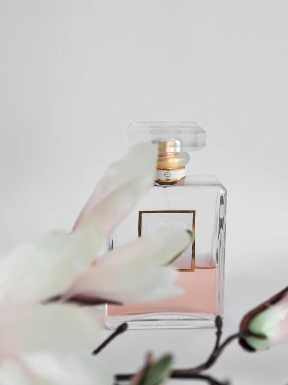 The image presents a bottle of Chanel No. 5 perfume, standing upright against a white background. The perfume bottle is made of glass and has a clear plastic top with gold trim. The label on the bottle displays "Chanel No.5" in black text. The perfume bottle is positioned slightly to the left of center, with its base resting on a branch adorned with white flowers.