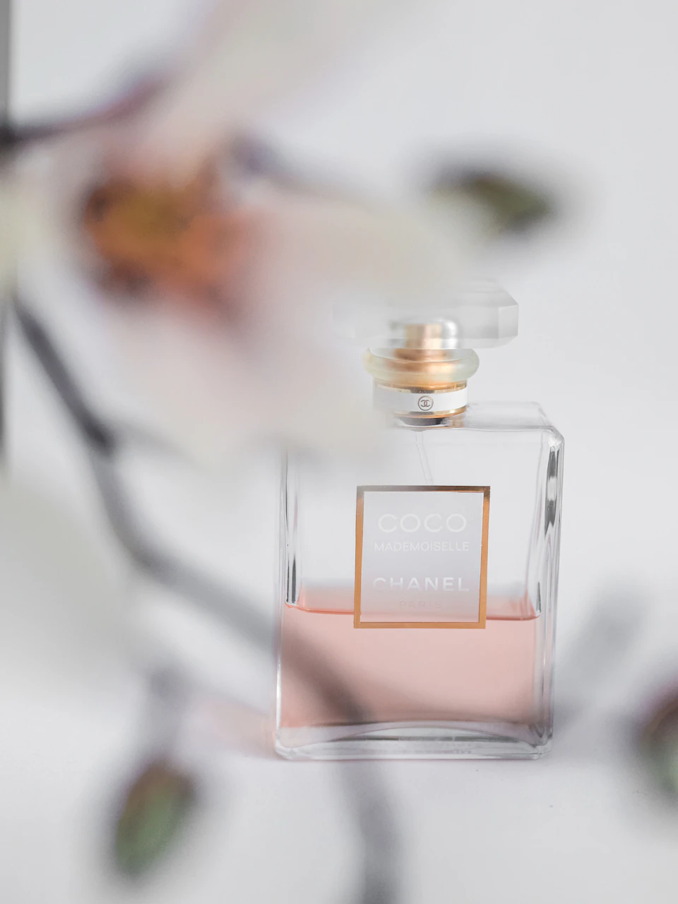 The image features a bottle of Chanel perfume, standing upright on its side against a white background. The perfume bottle is made of glass and has a gold-colored cap with a small label that reads "Chanel". The bottle is positioned in the center of the frame, drawing attention to it as the main subject of the photograph. In the blurred background, there are leaves visible, adding depth and context to the scene.
