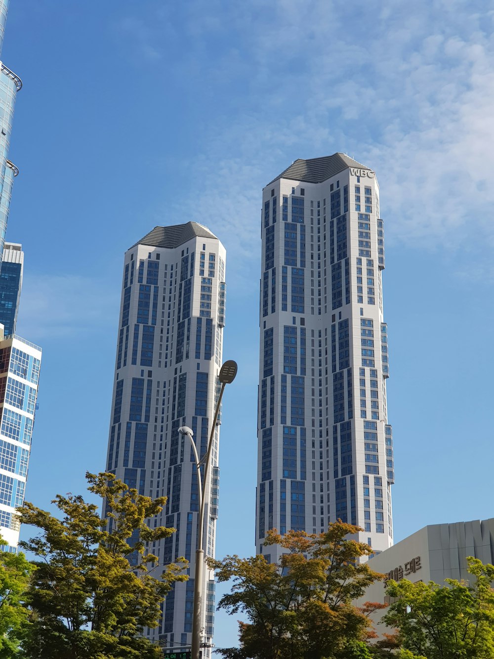 white and blue high rise building