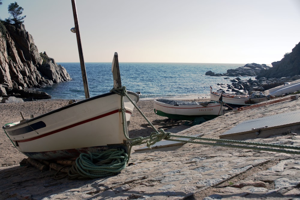 white and brown boat on shore during daytime