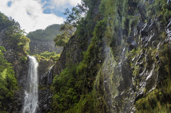 waterfalls in the middle of green and brown mountain
