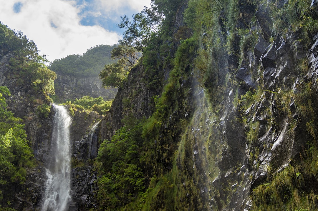 waterfalls in the middle of green and brown mountain,