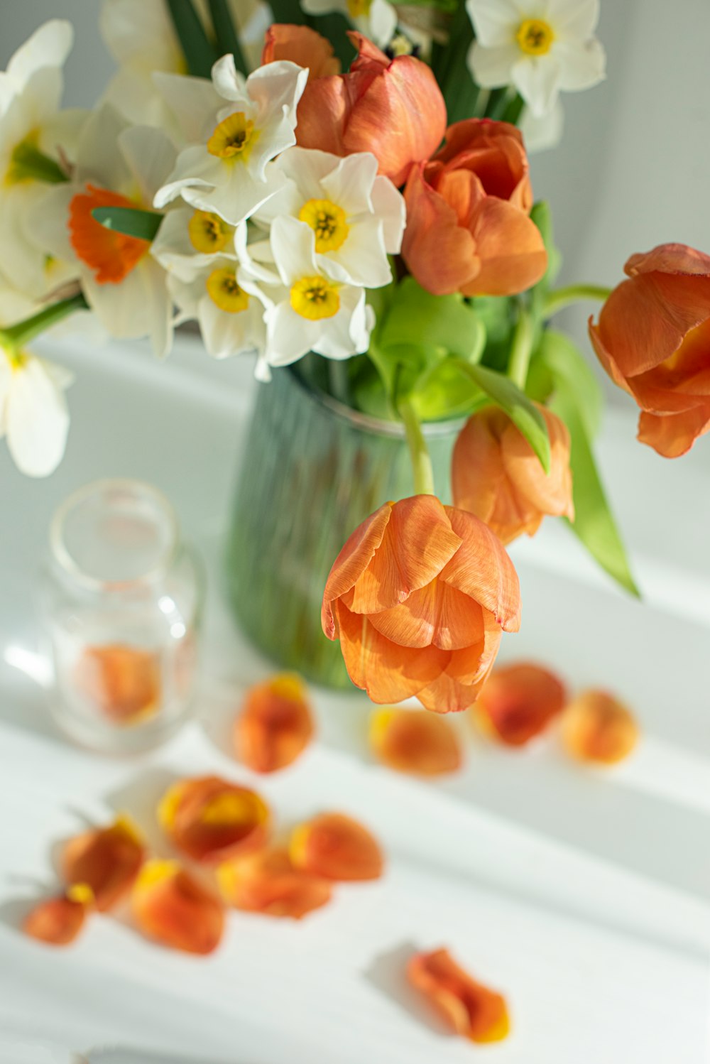 orange and white flowers in clear glass vase