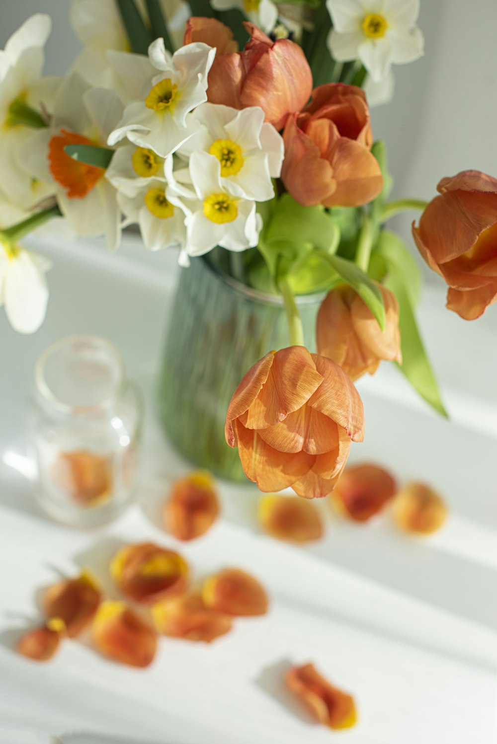 orange and white flowers in clear glass vase