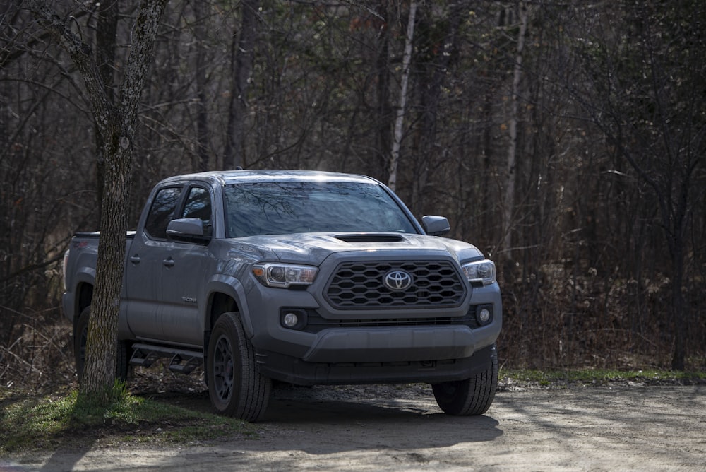 gray chevrolet crew cab pickup truck parked on forest during daytime