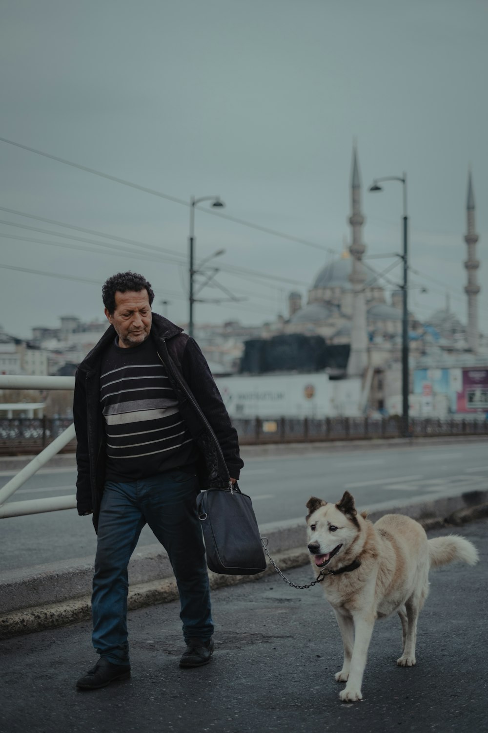 man in black and white striped hoodie and blue denim jeans standing beside brown and white