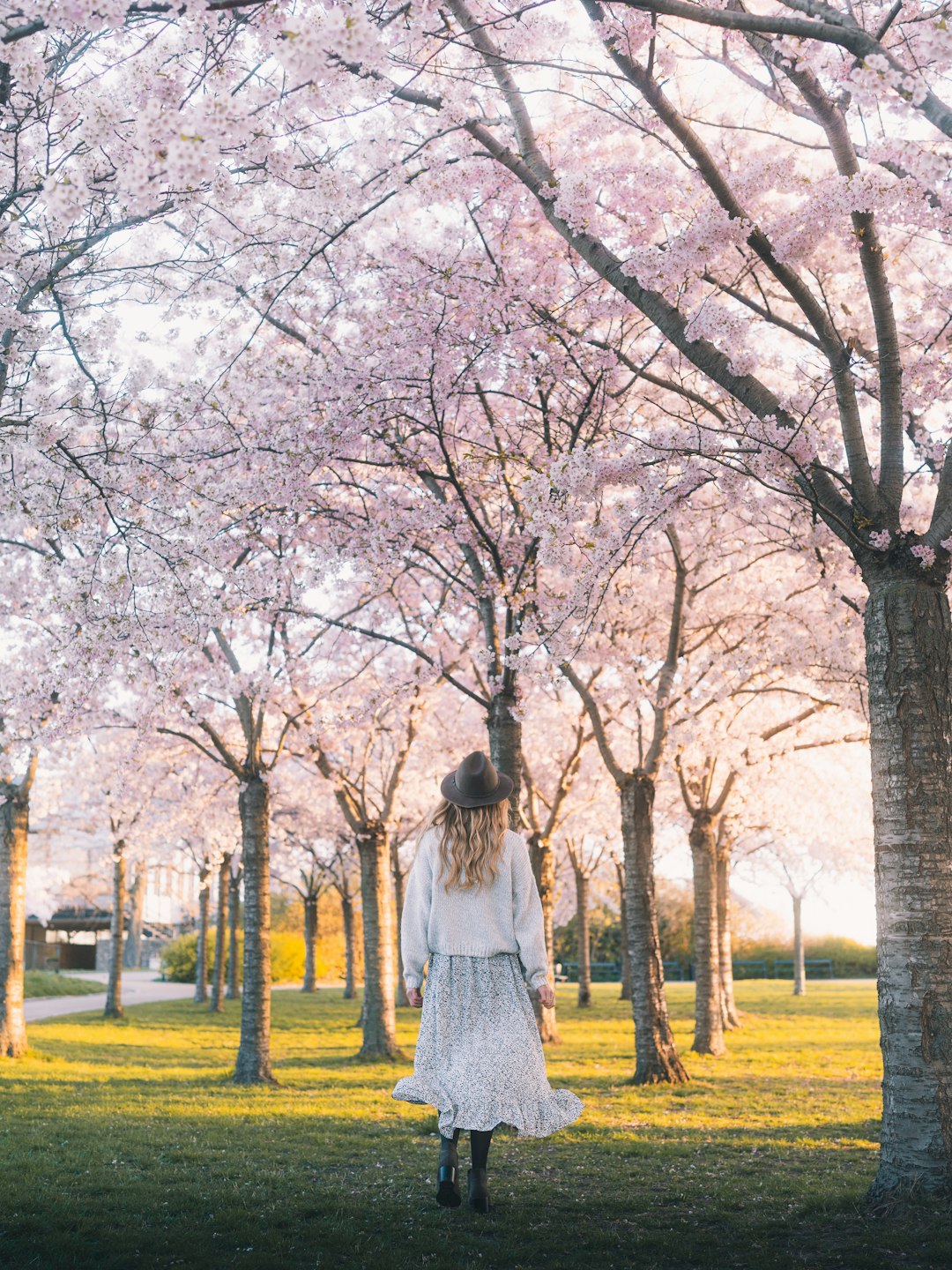 woman in white dress standing on green grass field near bare trees during daytime