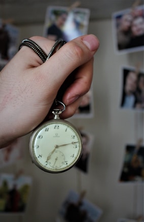 A hand holds an antique pocket watch with a chain, displaying Roman numerals. In the blurred background, several hanging photographs can be seen.