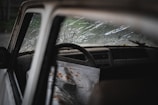 A close-up view of a car interior with a cracked windshield. The steering wheel is visible, and there is a sheet draped over the passenger seat with rust-colored stains. The dashboard is dusty, and the mood is gloomy.
