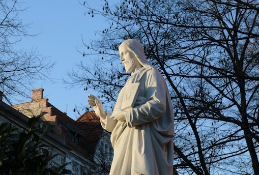 A white statue of a robed figure holding a book, standing outdoors amidst bare trees with branches extending into the clear blue sky. The statue appears to be in a contemplative pose, with one hand raised and the other holding an inscribed book. Rooftops of nearby buildings are visible in the background, partially covered by the shadows of leaves.